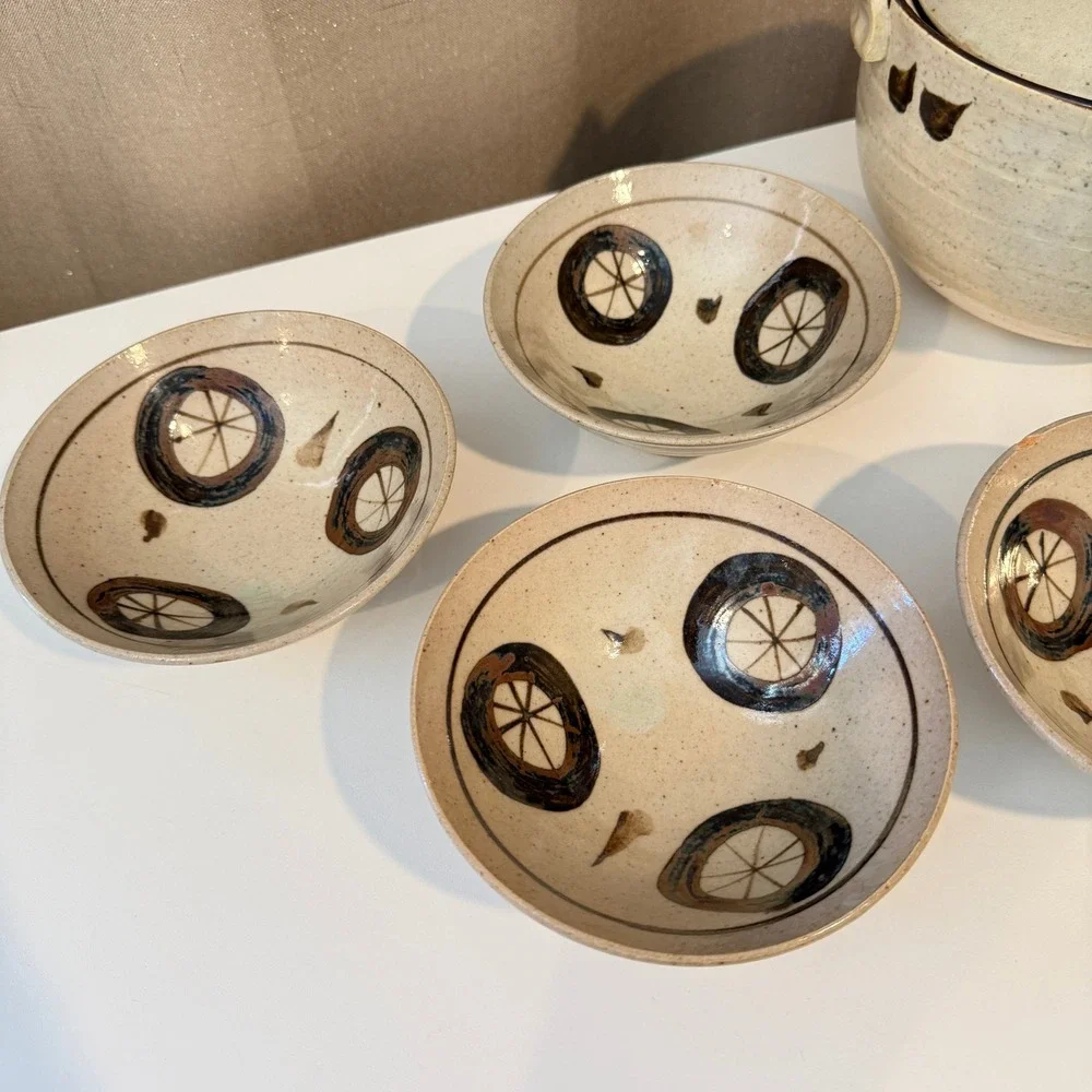 Japanese Otagiri Pottery Lidded Soup Tureen and 5 Bowl Set Speckled Stoneware